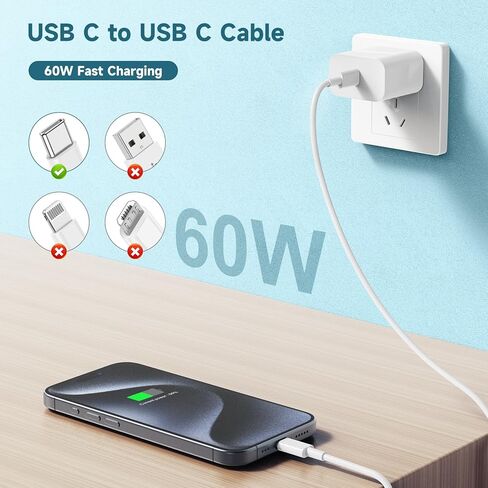 60W USB C to USB C Cable [3Pack] iPhone 17 16 15 Fast Charging Cable,6ft Long USB-C to USBC Power Cord for iPhone 17 Air/16/15 Pro Plus Pro Max,MacBook Pro Air/iPad Pro 12.9/11,AirPods 4(White) in Saudi Arabia