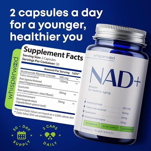 NAD+ Supplement with Nicotinamide Riboside, Trans Resveratrol & Quercetin – NAD Plus Complex for Energy, Brain & Mitochondrial Support – Antioxidant and Longevity Formula for Women & Men – 60 capsules in Saudi Arabia