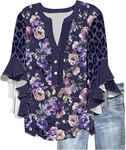Womens Summer Tops 3/4 Sleeves V Neck T Shirts Casual Floral Shirts Flowy Ruffle Sleeve Top Half Button Tunic Blouse in Saudi Arabia