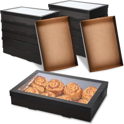 20 Pack Black Catering Boxes, 17.72 x 12.2 x 3.15in Bakery Boxes with Window Lids, To Go Paper Food Containers Disposable, Greaseproof Pastry for Charcuterie or Cupcakes, Easy Assembly in Saudi Arabia