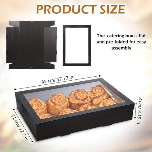 20 Pack Black Catering Boxes, 17.72 x 12.2 x 3.15in Bakery Boxes with Window Lids, To Go Paper Food Containers Disposable, Greaseproof Pastry for Charcuterie or Cupcakes, Easy Assembly in Saudi Arabia