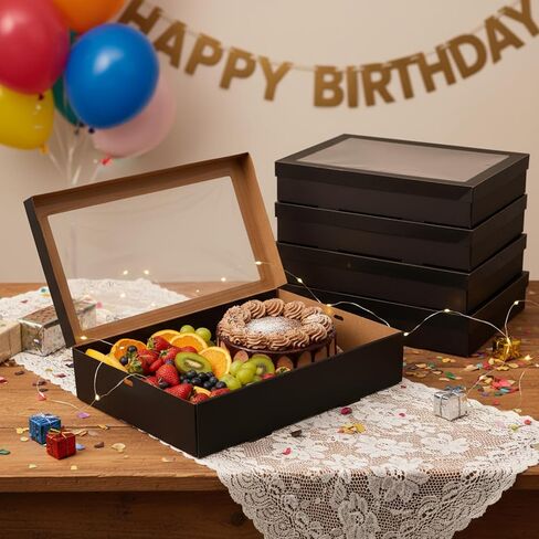 20 Pack Black Catering Boxes, 17.72 x 12.2 x 3.15in Bakery Boxes with Window Lids, To Go Paper Food Containers Disposable, Greaseproof Pastry for Charcuterie or Cupcakes, Easy Assembly in Saudi Arabia