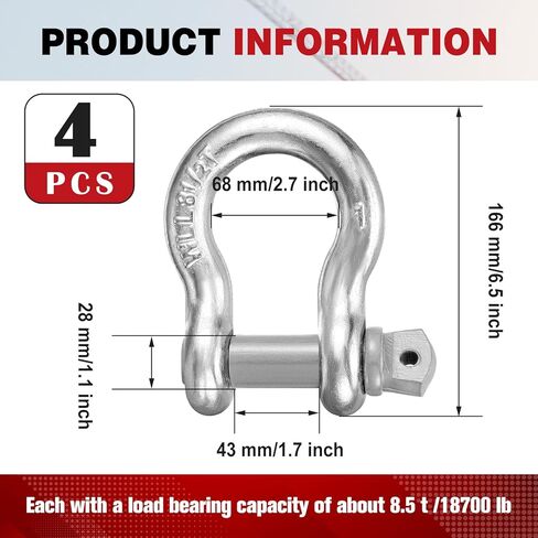 Pelopy 4 Pack 1 Inch Shackles D Ring Heavy Duty Bow Shackle with 1-1/8'' Screw Pin, 8.5 Tons / 18739 Lbs Working Load Limit for Towing Rigging Lifting Moving Winch Recovery in Saudi Arabia