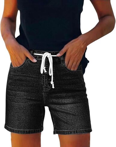 Jean Shorts Womens High Waisted Drawstring Stretchy Denim Shorts Summer Casual Comfy Straight Jeans with Pockets in Saudi Arabia
