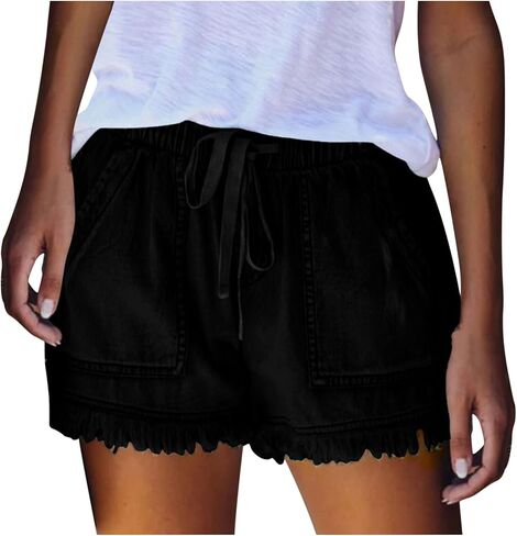Women Jean Shorts Elastic Waist Ripped Denim Shorts Summer Drawstring Casual Stretchy Short with Pockets in Saudi Arabia