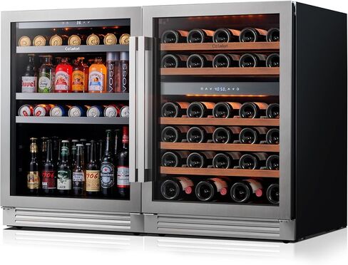 ثلاجة مشروبات كاليفورت مقاس 24 بوصة، ثلاجة صغيرة سعة 180 علبة مع باب زجاجي مزدوج، مبرد مشروبات مدمج أو قائم بذاته مع ضوء LED كهرماني، ثلاجة مشروبات لمكتب بار المطبخ (مفصلة يسارية) in Kuwait