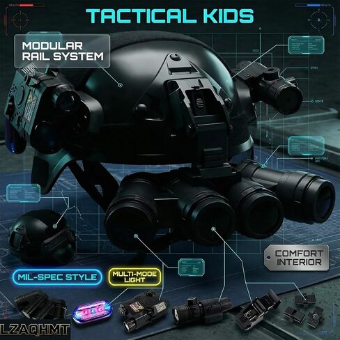 Kids Tactical Helmet Set - 4-Eye Night Vision Model, Flashlight & NVG Mount | Multi-Functional Combat Gear for Cosplay Airsoft Outdoor Game in Kuwait