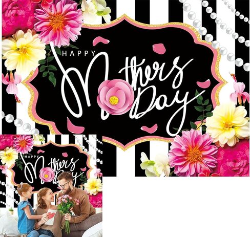 7x5ft Mother's Day Backdrop Black White Stripe Happy Mother's Day Love Best Mom Grandma Festival Celebration Cake Table Photo Backdrop in Kuwait