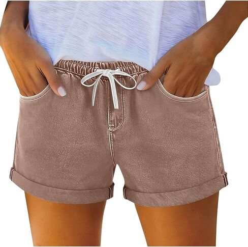 Jean Shorts for Women High Waisted Drawstring Roll Hem Baggy Faux Denim Shorts Summer Stretchy Short with Pocket in Saudi Arabia