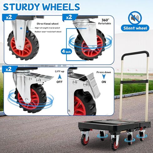 عربة يدوية قابلة للطي بسعة 600 رطل للخدمة الشاقة مع عجلة فرامل، منصة ومقبض قابلان للسحب، مقبض إسفنجي، عربة دوللي محمولة للأمتعة والتخييم والتسليم والتخزين in Kuwait