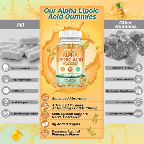 علكة حمض ألفا ليبويك 600 ملغ - منقذ الأعصاب للاعتلال العصبي مع فيتامين ب1، ب6، ب12، سي إي، بيوتين أنزيم Q-10 - صحة الدماغ ودعم الأعصاب، مضادات الأكسدة - نباتي، خالي من السكر - 60 علكة in Kuwait