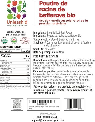 Unleash’d Organic Beet Root Powder 16 oz – 100% Pure Raw Superfood, Non-GMO, Nutrient-Rich Energy & Circulation Support in Saudi Arabia