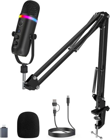 ZealSound Podcast Microphone for PC/Mac/iPhone – USB Studio Mic with Noise Cancellation, RGB Lighting, Mute, Gain, Monitoring & Echo, Boom Arm & Pop Filter, Streaming, Recording, TikTok, YouTube in Saudi Arabia