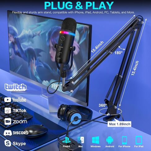 ZealSound Podcast Microphone for PC/Mac/iPhone – USB Studio Mic with Noise Cancellation, RGB Lighting, Mute, Gain, Monitoring & Echo, Boom Arm & Pop Filter, Streaming, Recording, TikTok, YouTube in Saudi Arabia