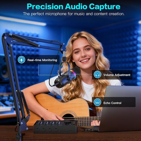 ZealSound Podcast Microphone for PC/Mac/iPhone – USB Studio Mic with Noise Cancellation, RGB Lighting, Mute, Gain, Monitoring & Echo, Boom Arm & Pop Filter, Streaming, Recording, TikTok, YouTube in Saudi Arabia