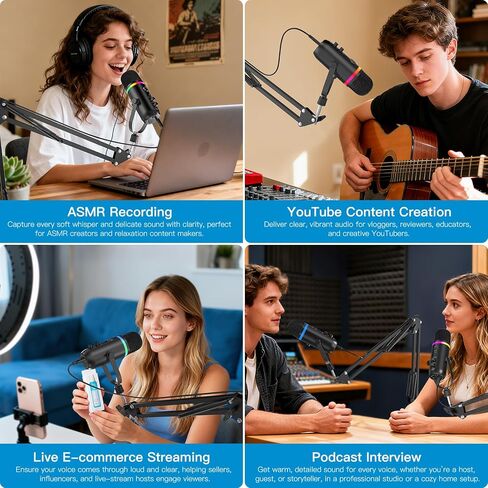 ZealSound Podcast Microphone for PC/Mac/iPhone – USB Studio Mic with Noise Cancellation, RGB Lighting, Mute, Gain, Monitoring & Echo, Boom Arm & Pop Filter, Streaming, Recording, TikTok, YouTube in Saudi Arabia