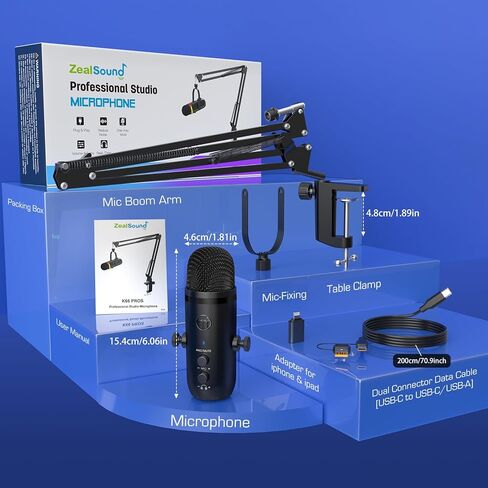 ZealSound Podcast Microphone for PC/Mac/iPhone – USB Studio Mic with Noise Cancellation, RGB Lighting, Mute, Gain, Monitoring & Echo, Boom Arm & Pop Filter, Streaming, Recording, TikTok, YouTube in Saudi Arabia