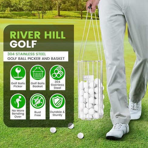 Golf Ball Retriever, 304 Stainless Steel Golf Ball Picker Upper, 2-in-1 Design Golf Ball Collector and Basket Hold Up 140 Balls, Rust-Free Shag Bag Grabber Collector Tool Bucket Simulator Accessories in Kuwait