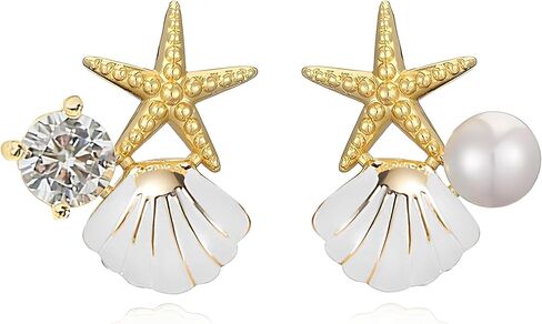 Maloyanve Starffish Pearl Stud أقراط لطيف بوهو قذيفة صغيرة غير متماثلة مع بريق مكعب من الزركونيا البيان الخفيف الوزن عن أقراط شاطئ الصيف هدايا المجوهرات in Saudi Arabia