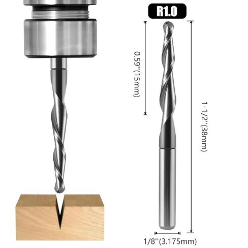 Hozly 2 Flute Carbide Tapered Ball Nose End Mill, 1/8" Shank CNC Carving Router Bit (R1.0 Radius), Spiral 2 Flute Milling Cutter for Wood Engraving 3D/2D Carving(Pack of 2) in Saudi Arabia