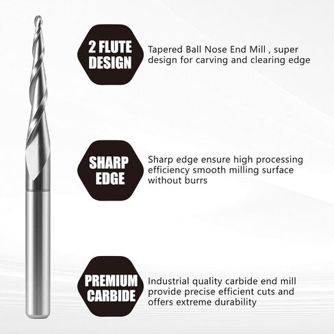 Hozly 2 Flute Carbide Tapered Ball Nose End Mill, 1/8" Shank CNC Carving Router Bit (R1.0 Radius), Spiral 2 Flute Milling Cutter for Wood Engraving 3D/2D Carving(Pack of 2) in Saudi Arabia