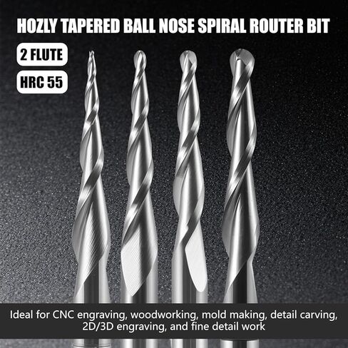 Hozly 2 Flute Carbide Tapered Ball Nose End Mill, 1/8" Shank CNC Carving Router Bit (R1.0 Radius), Spiral 2 Flute Milling Cutter for Wood Engraving 3D/2D Carving(Pack of 2) in Saudi Arabia
