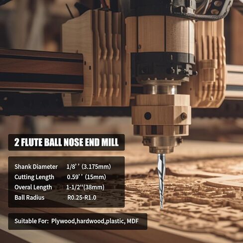 Hozly 2 Flute Carbide Tapered Ball Nose End Mill, 1/8" Shank CNC Carving Router Bit (R1.0 Radius), Spiral 2 Flute Milling Cutter for Wood Engraving 3D/2D Carving(Pack of 2) in Saudi Arabia