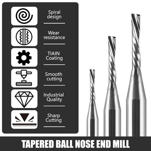 Hozly 2 Flute Carbide Tapered Ball Nose End Mill, 1/8" Shank CNC Carving Router Bit (R1.0 Radius), Spiral 2 Flute Milling Cutter for Wood Engraving 3D/2D Carving(Pack of 2) in Saudi Arabia