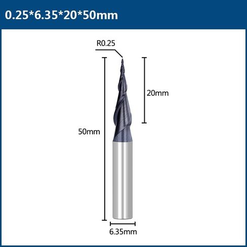 CNC Carving 2 Flutes Tapered Angle Ball End Mill 6.35mm Shank Carbide Endmills Milling Tool R0.25-R1.0 Machine Cutter(R0.25x20x6.35x50) in Saudi Arabia