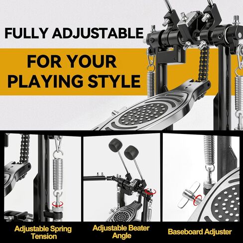 Double Bass Drum Pedal, Heavy Duty Kick Drum Pedal with Double Chain Drive, Adjustable Spring Tension, Non-Slip Metal Base, Smooth and Responsive Single Drum Pedal for Acoustic and Electronic Drums in Saudi Arabia
