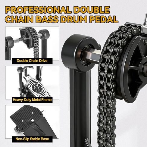 Double Bass Drum Pedal, Heavy Duty Kick Drum Pedal with Double Chain Drive, Adjustable Spring Tension, Non-Slip Metal Base, Smooth and Responsive Single Drum Pedal for Acoustic and Electronic Drums in Saudi Arabia