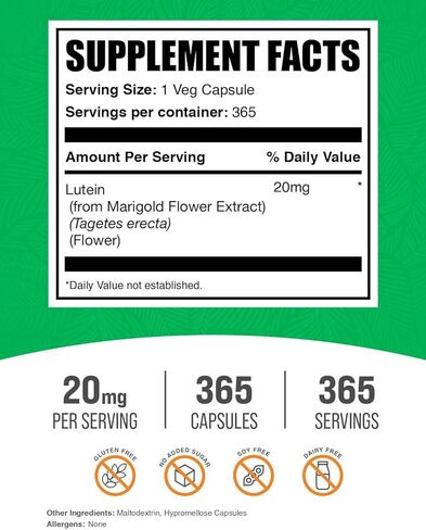 BulkSupplements.com كبسولات اللوتين - فيتامينات العين، مصدر مضاد للأكسدة - خالية من الغلوتين، كبسولة واحدة لكل وجبة، 20 مجم، 365 قطعة (عبوة من قطعة واحدة) in Saudi Arabia