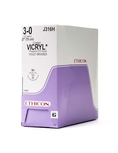 Ethicon Coated VICRYL (Polyglactin 910) Suture, J316H, Synthetic Absorbable, SH (26 mm), 1/2 Circle Needle, Size 3-0, 27" (70 cm) in Kuwait