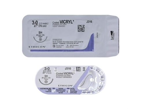 Ethicon Coated VICRYL (Polyglactin 910) Suture, J316H, Synthetic Absorbable, SH (26 mm), 1/2 Circle Needle, Size 3-0, 27" (70 cm) in Kuwait