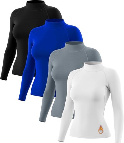 Coume 4 Pack Women Thermal Turtleneck Shirts Women Mock Turtle Neck Long Sleeve Tops Fleece Lined Compression Basic Layer in Saudi Arabia