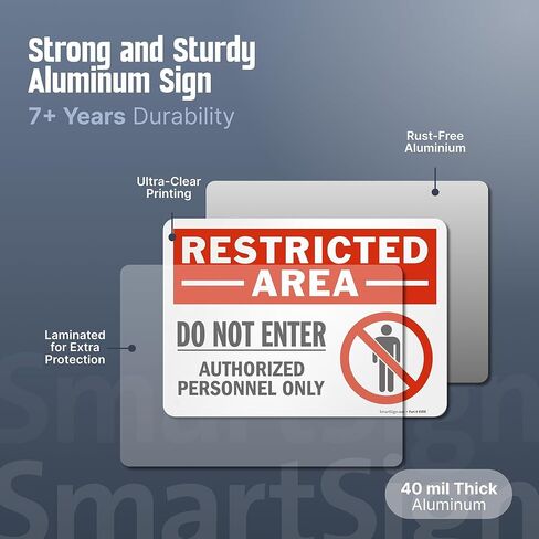 SmartSign 10 × 14 بوصة "منطقة محظورة - لا تدخل، الموظفون المعتمدون فقط" لافتة معدنية OSHA، 40 مل ألومنيوم مصفح مقاوم للصدأ، أحمر، أسود وأبيض، صنع في الولايات المتحدة الأمريكية in Saudi Arabia
