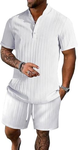 ملابس الشاطئ الصيفية للرجال من Bealin مكونة من قطعتين قمصان وشورتات هينلي بأكمام قصيرة عتيقة أطقم ملمس للعطلات in Kuwait
