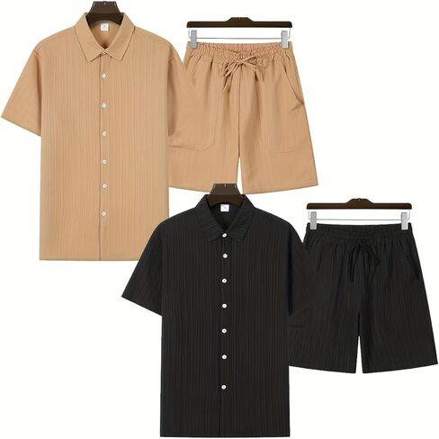 4pcs Men's Lightweight Summer Beachwear 2025 Summer New Casual Short Sleeve Button Shirts and Elastic Waist Shorts in Saudi Arabia