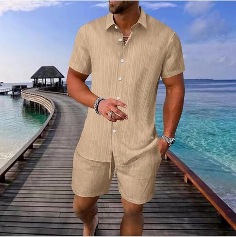 4pcs Men's Lightweight Summer Beachwear 2025 Summer New Casual Short Sleeve Button Shirts and Elastic Waist Shorts in Saudi Arabia