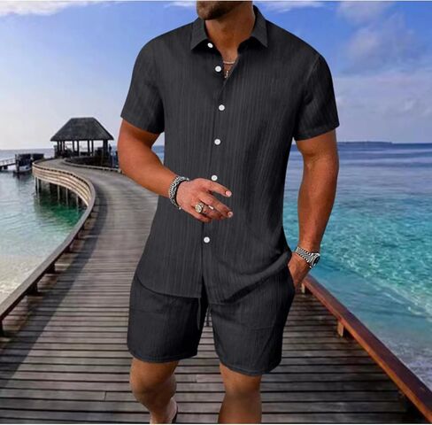 4pcs Men's Lightweight Summer Beachwear 2025 Summer New Casual Short Sleeve Button Shirts and Elastic Waist Shorts in Saudi Arabia