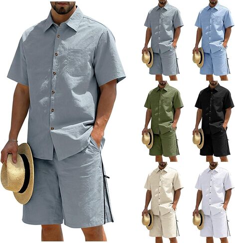 Mens 2 Piece Outfit Short Sleeve Button Down Shirts and Drawstring Beach Shorts Set Casual Summer Tracksuit with Pocket in Saudi Arabia