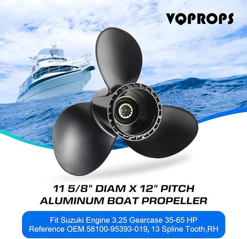 11 5/8x12 Aluminum Boat Propeller for Suzuki DT 35/40/50/55/60/65HP DF 40/50/60HP Engine, 13 Spline Tooth, 3 Blades,OEM Parts No. 58100-95393-019,Rh in Kuwait