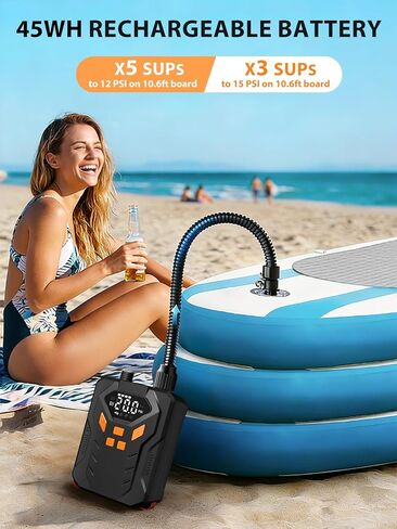 AIRSURE Electric Paddle Board Pump, 20PSI Portable Rechargeable SUP Air Pump, Dual Stage Inflation & Deflation, Auto-Off Air Compressor for Stand Up Paddle Boards, Surfing Kite, Tent, Boat, Kayaks in Saudi Arabia