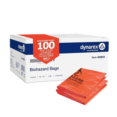 Dynarex Dispo Safety Biohazard Bags - Red-Orange - Biohazard Bags for Safe Waste Disposal, Durable Plastic, Bilingual Warnings - 2 mil, 33 Gallons, 39" x 33", 100 Bags per Case in Saudi Arabia