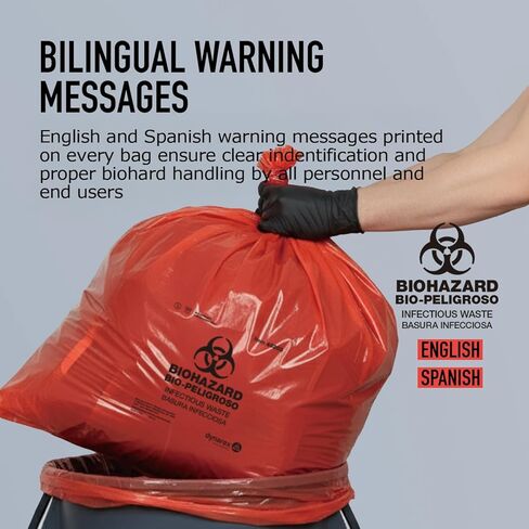 Dynarex Dispo Safety Biohazard Bags - Red-Orange - Biohazard Bags for Safe Waste Disposal, Durable Plastic, Bilingual Warnings - 2 mil, 33 Gallons, 39" x 33", 100 Bags per Case in Saudi Arabia