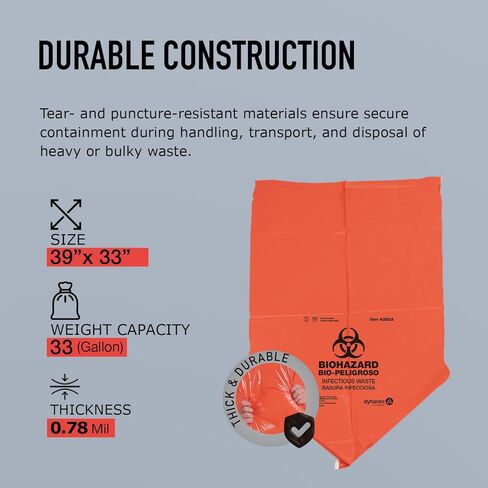Dynarex Dispo Safety Biohazard Bags - Red-Orange - Biohazard Bags for Safe Waste Disposal, Durable Plastic, Bilingual Warnings - 2 mil, 33 Gallons, 39" x 33", 100 Bags per Case in Saudi Arabia