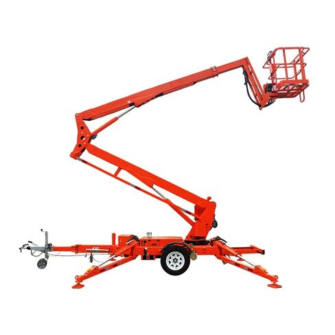 Versatile Towable Boom Lift with Hydraulic Control Lever, 360° Rotation, Articulated Cherry Picker Lift with Wear-Resistant Tires & Manganese Steel Legs for Warehouse & Factory Workshop Applications in Saudi Arabia