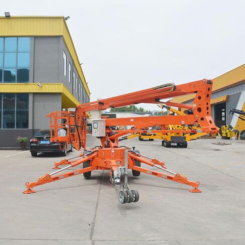 Versatile Towable Boom Lift with Hydraulic Control Lever, 360° Rotation, Articulated Cherry Picker Lift with Wear-Resistant Tires & Manganese Steel Legs for Warehouse & Factory Workshop Applications in Saudi Arabia