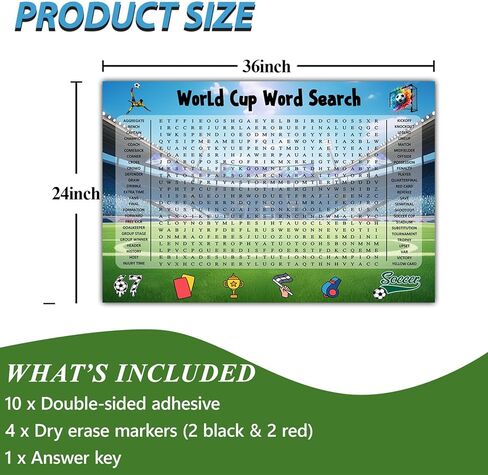 ملصق بحث عن كلمة كأس العالم مقاس 36 × 24 بوصة، ملصق حائط كبير لألعاب كرة القدم مع علامات، ورق مصفح مقاوم للماء، لعبة الحفلات للعائلة والأصدقاء والاحتفال بكأس العالم (كأس العالم، 36 × 24 بوصة) in Kuwait
