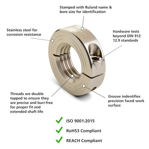 Ruland MTCL-12-1.75-SS One-Piece Clamping Shaft Collar, Threaded, Stainless Steel, Metric, 12mm-1.75 Bore, 28mm OD, 11mm Width in Kuwait